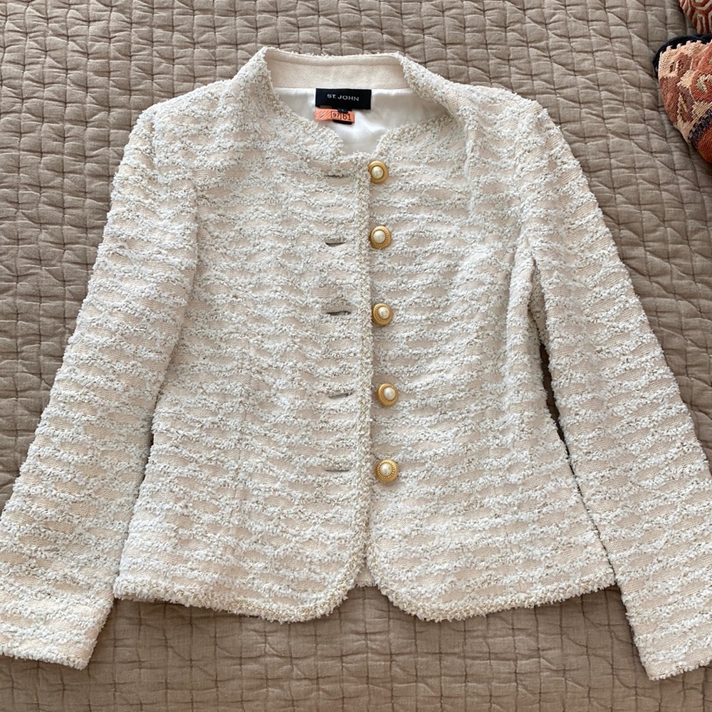 St. John Button Front Blazer Jacket Metallic Boucle Tweed Fringe Size 6